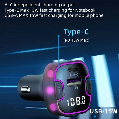 Wireless Car FM Transmitter BT V5.0 with Colorful LED Lights - Convenient MP3 Player with charge cable