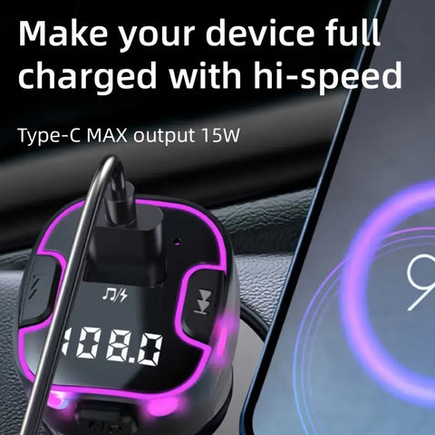Wireless Car FM Transmitter BT V5.0 with Colorful LED Lights - Convenient MP3 Player with charge cable